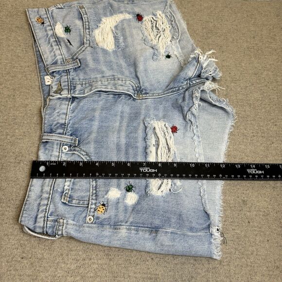 Lucky Brand Jean Shorts 8 Cut Off Denim Distressed Embroidered Lady Bugs VTG 90s - Picture 8 of 9